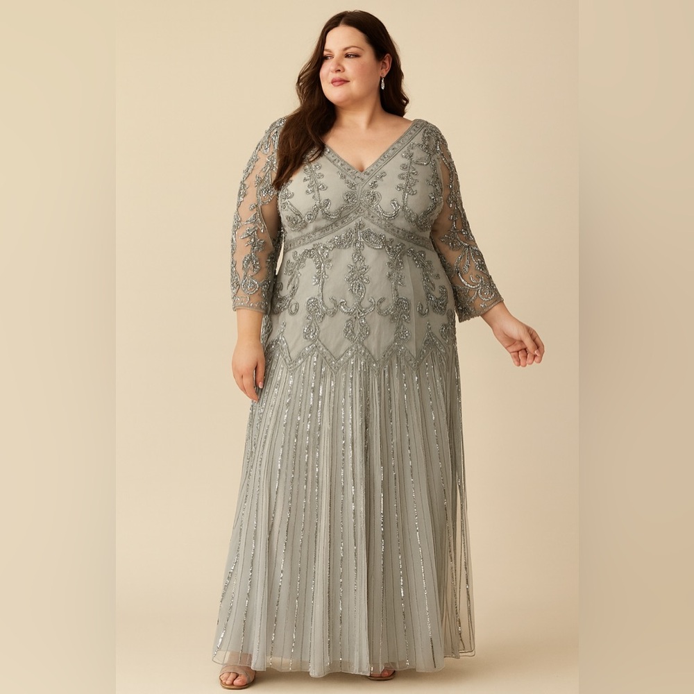 Roman's Dusty Blue Gray Beaded Gown Maxi Length Dress Plus Size 26W, NWT